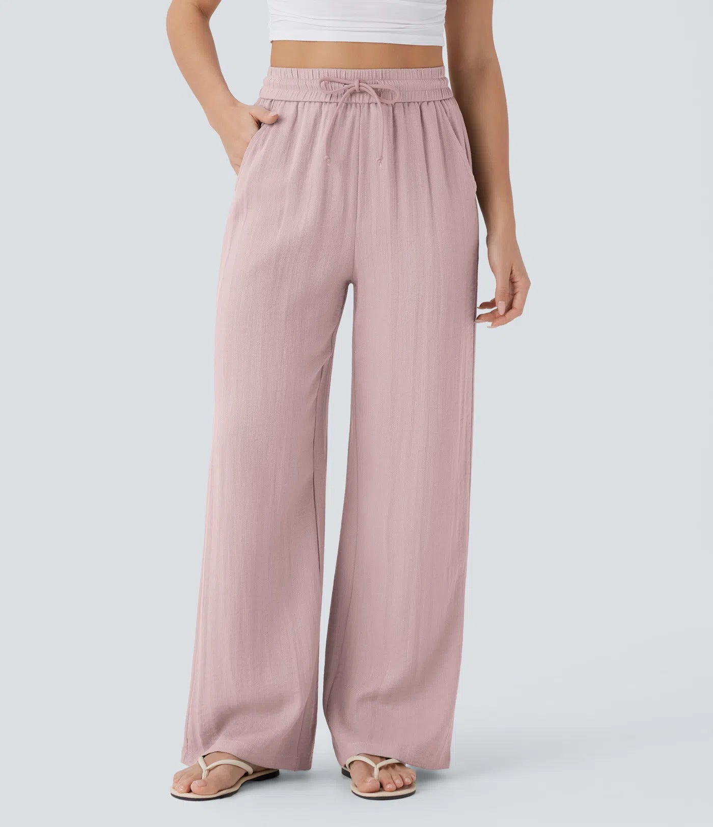 Drawstring side pocket casual linen trousers