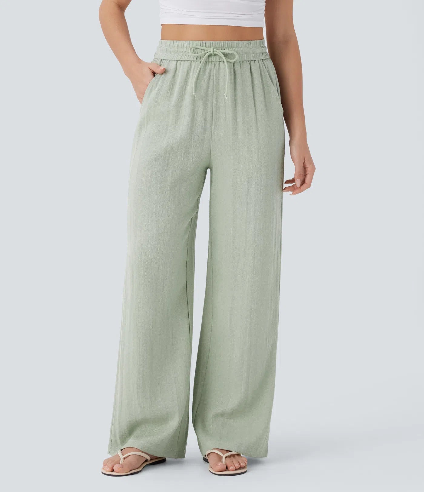 Drawstring side pocket casual linen trousers