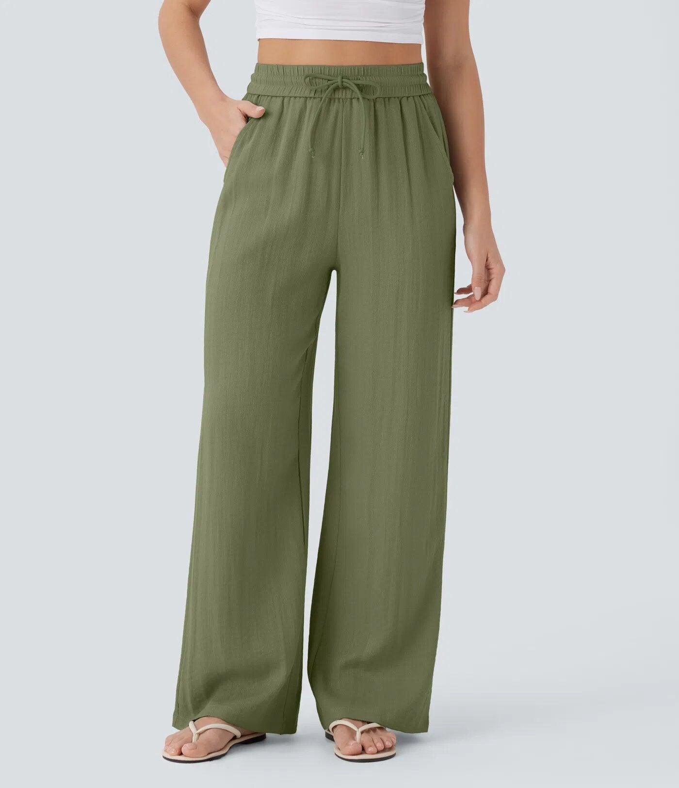 Drawstring side pocket casual linen trousers