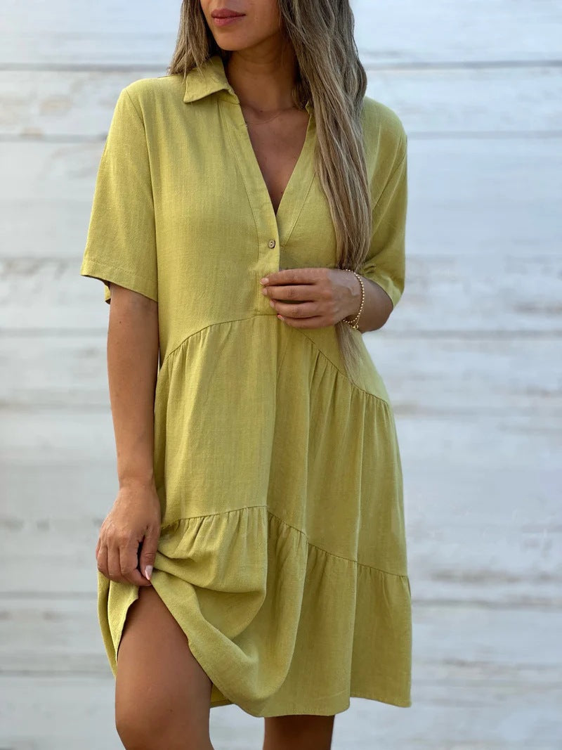 Casual short-sleeved cotton and linen dress