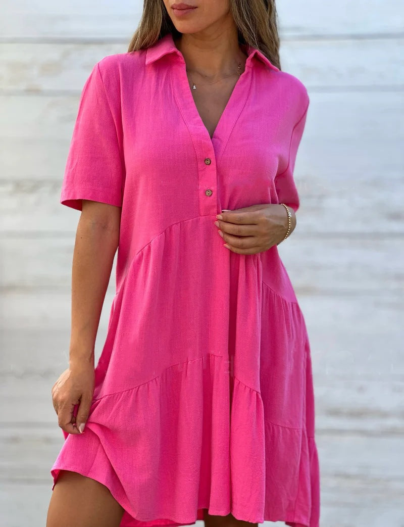 Casual short-sleeved cotton and linen dress