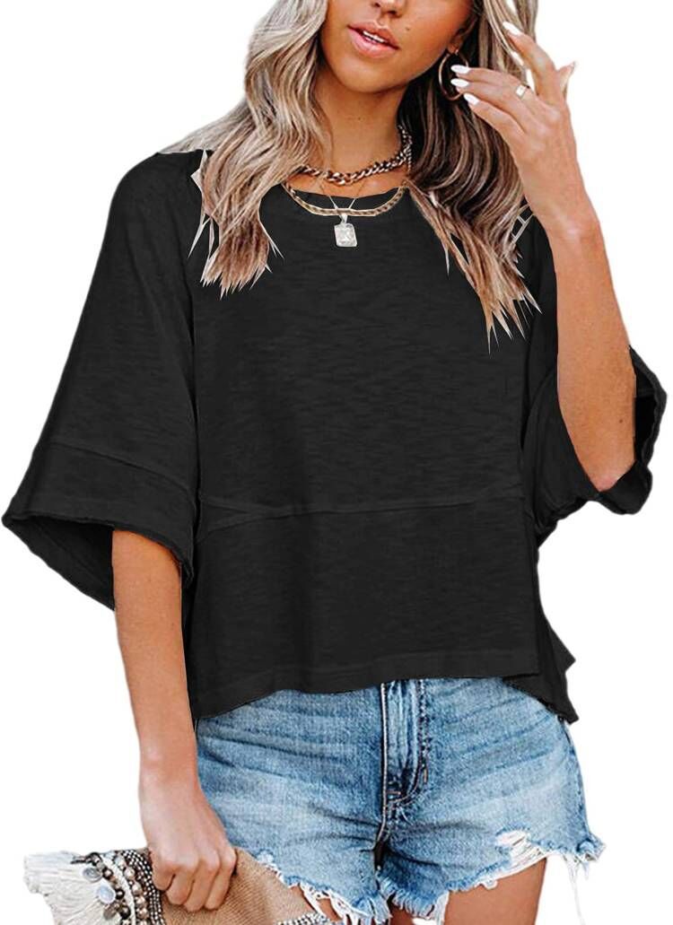 New summer style patchwork solid color round neck five-quarter flared sleeve loose top T-shirt