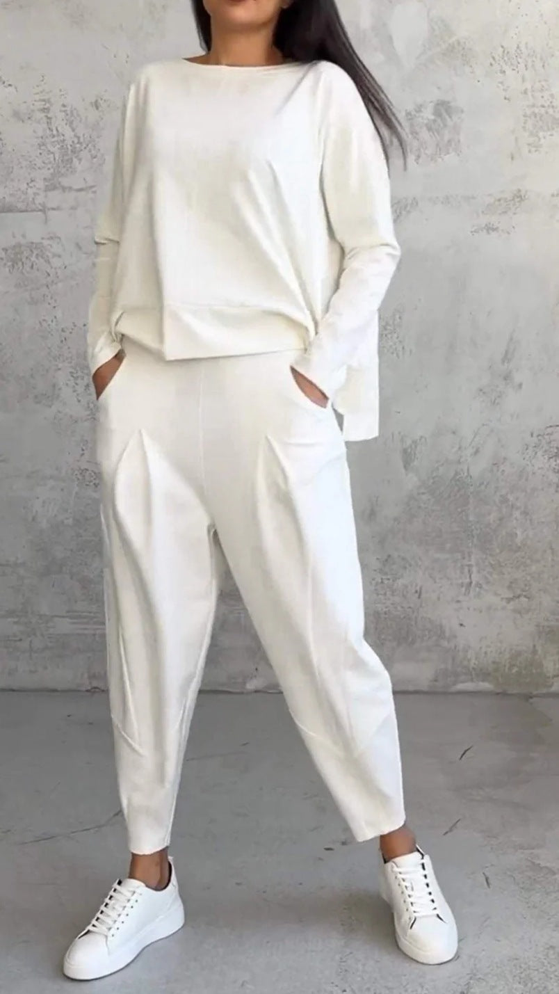Solid color crew neck long-sleeved suit