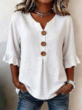 Summer Women's V-neck Cotton Linen Button-up Top