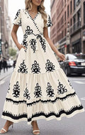 New V-neck Bohemian flowy bell sleeve layered print dress