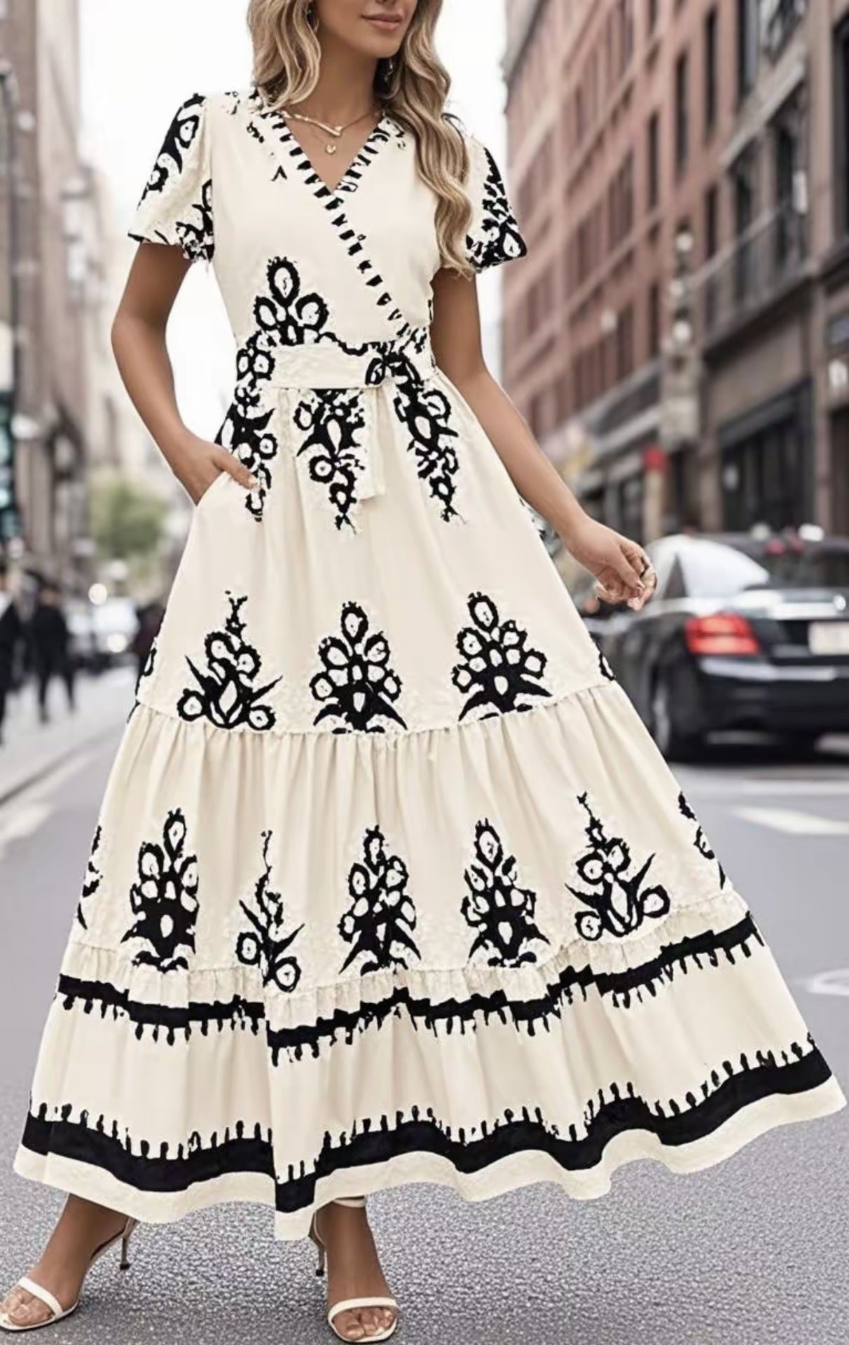 New V-neck Bohemian flowy bell sleeve layered print dress