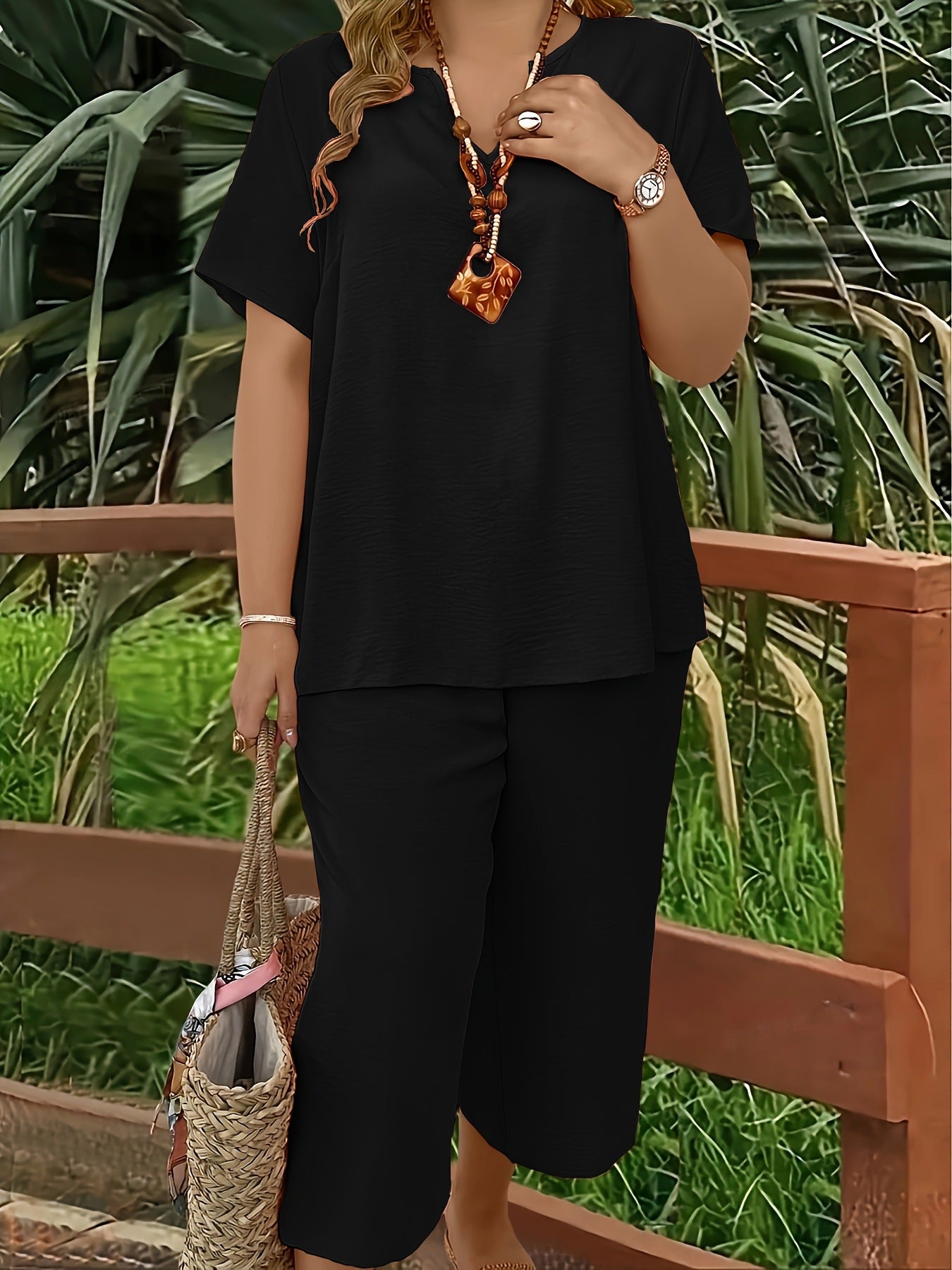 Spring/Summer Fashion Solid Color V-neck Short-sleeved Top and Wide-leg Pants Set