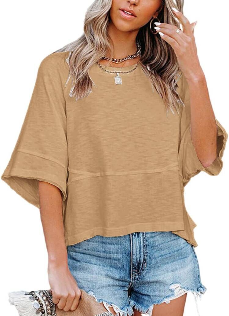 New summer style patchwork solid color round neck five-quarter flared sleeve loose top T-shirt