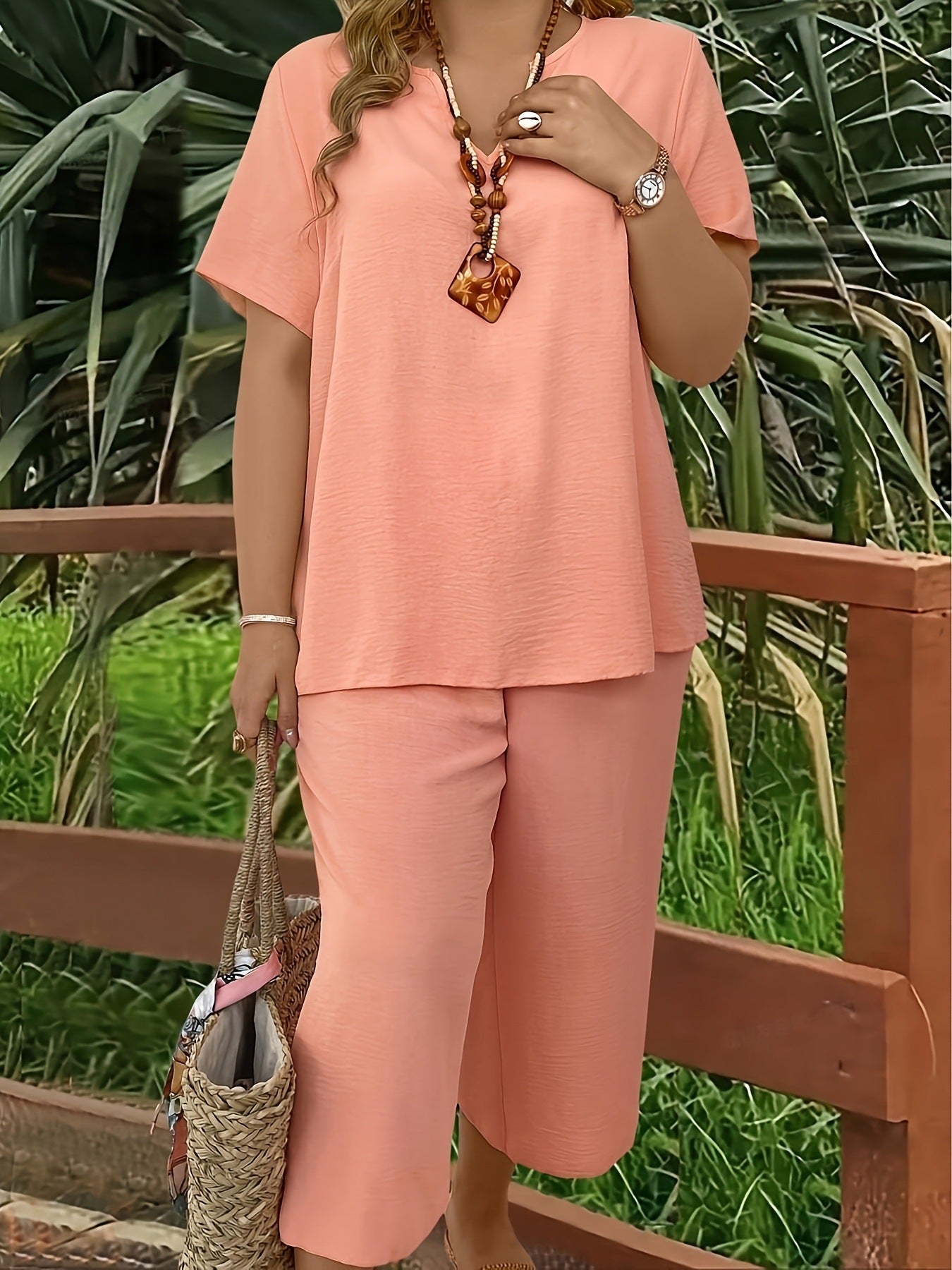 Spring/Summer Fashion Solid Color V-neck Short-sleeved Top and Wide-leg Pants Set