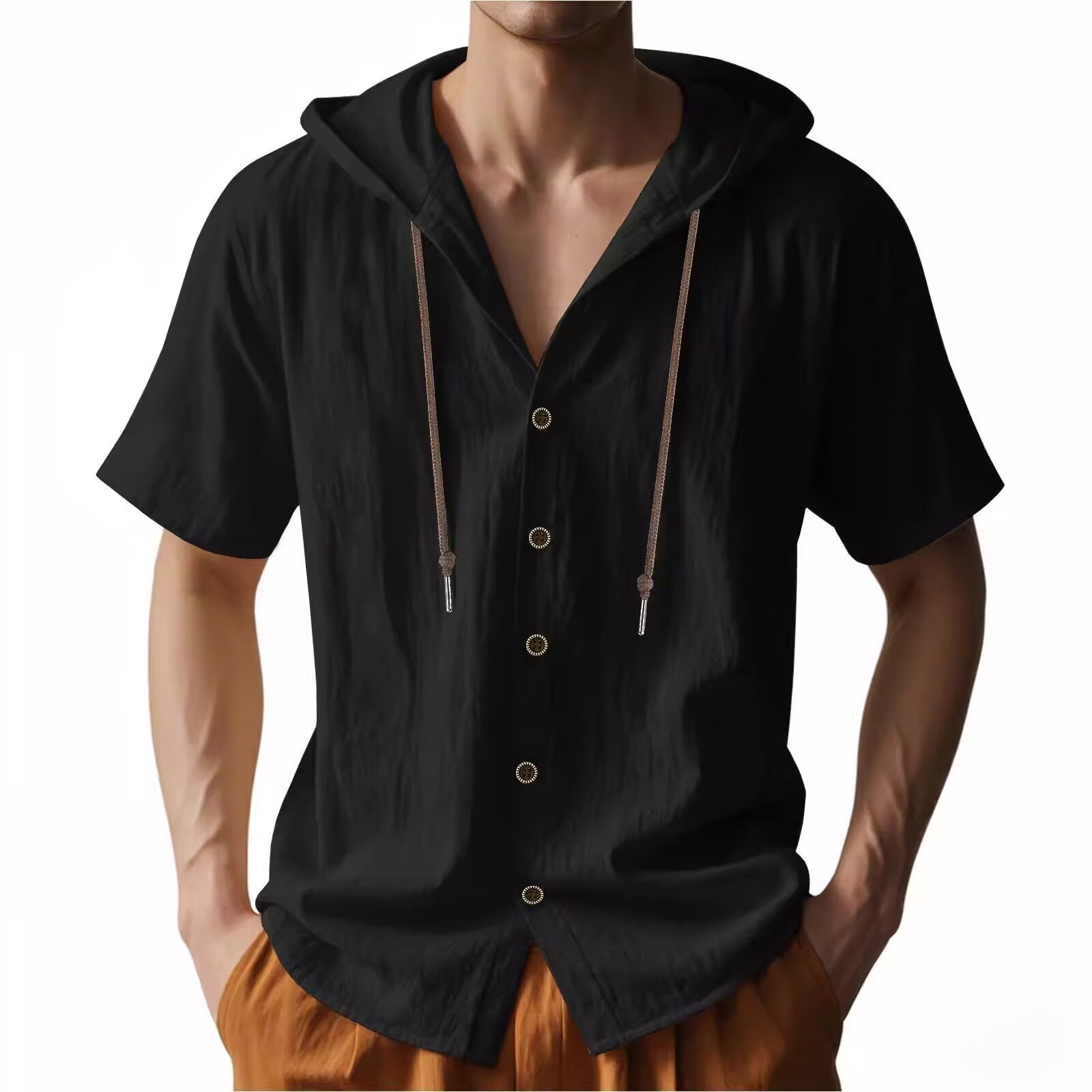 Men's hooded shirt, solid color cotton and linen casual short-sleeved top