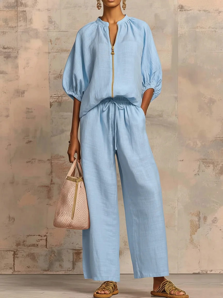 Casual loose-fitting solid color zipper crew neck suit