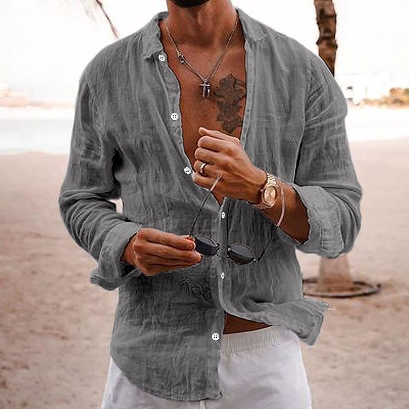 2026 New Solid Color Loose Single-Breasted Collar Cotton Linen Long-Sleeved Shirt