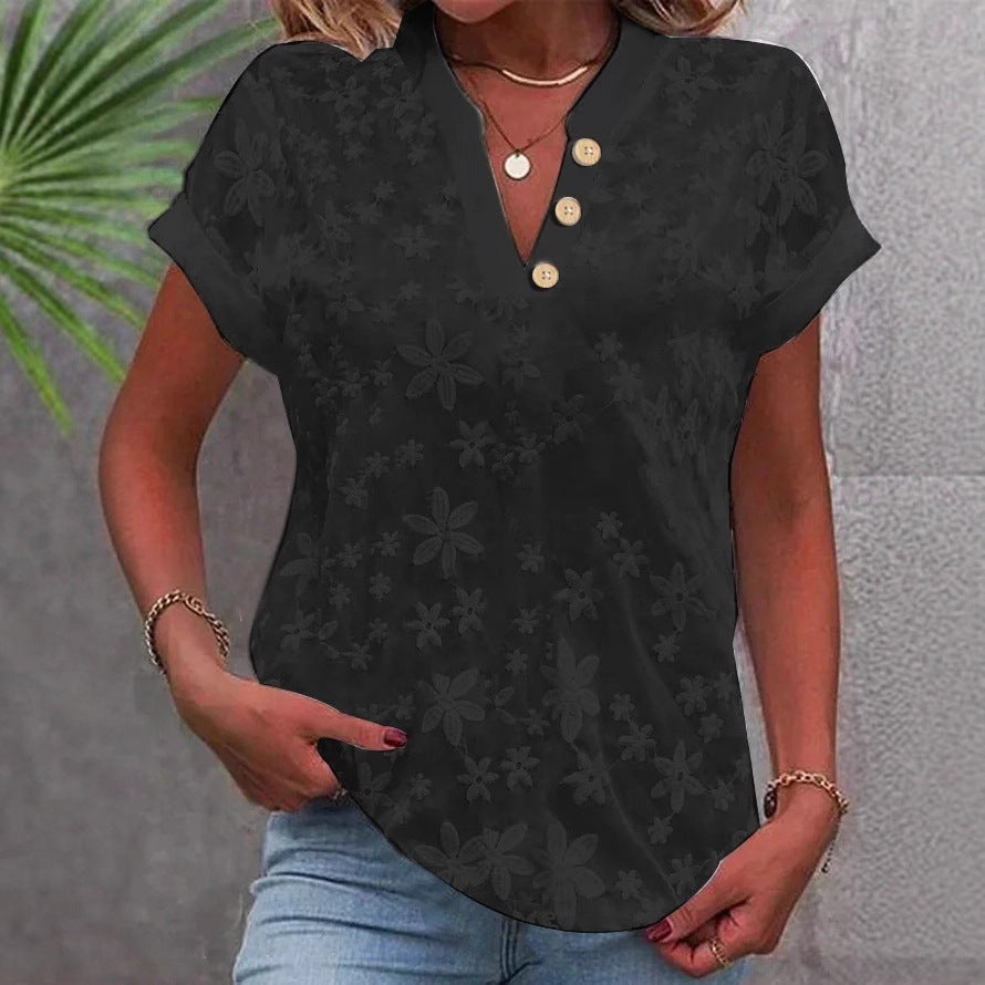 Summer Simple Casual Solid Color V-neck Short Sleeve Shirt