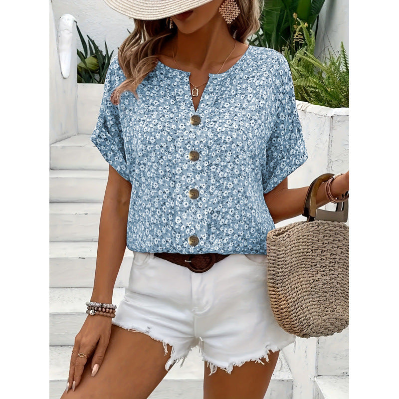 Elegant floral print button short-sleeved T-shirt