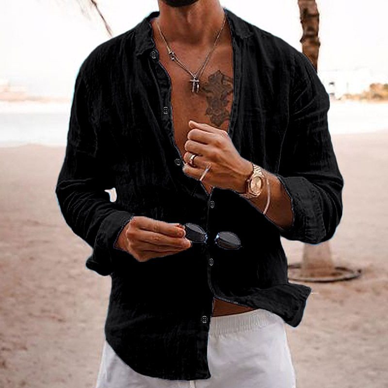 2026 New Solid Color Loose Single-Breasted Collar Cotton Linen Long-Sleeved Shirt