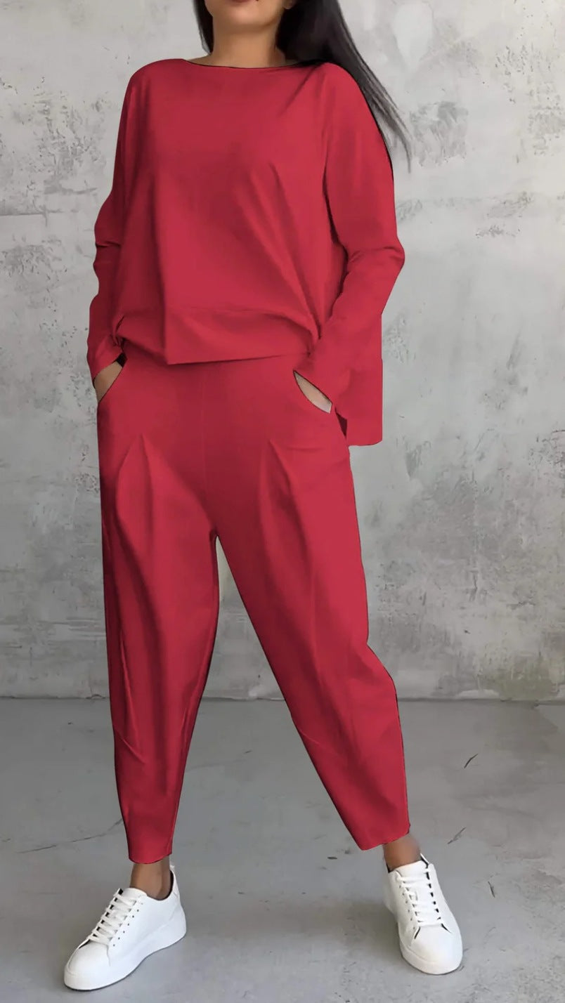 Solid color crew neck long-sleeved suit