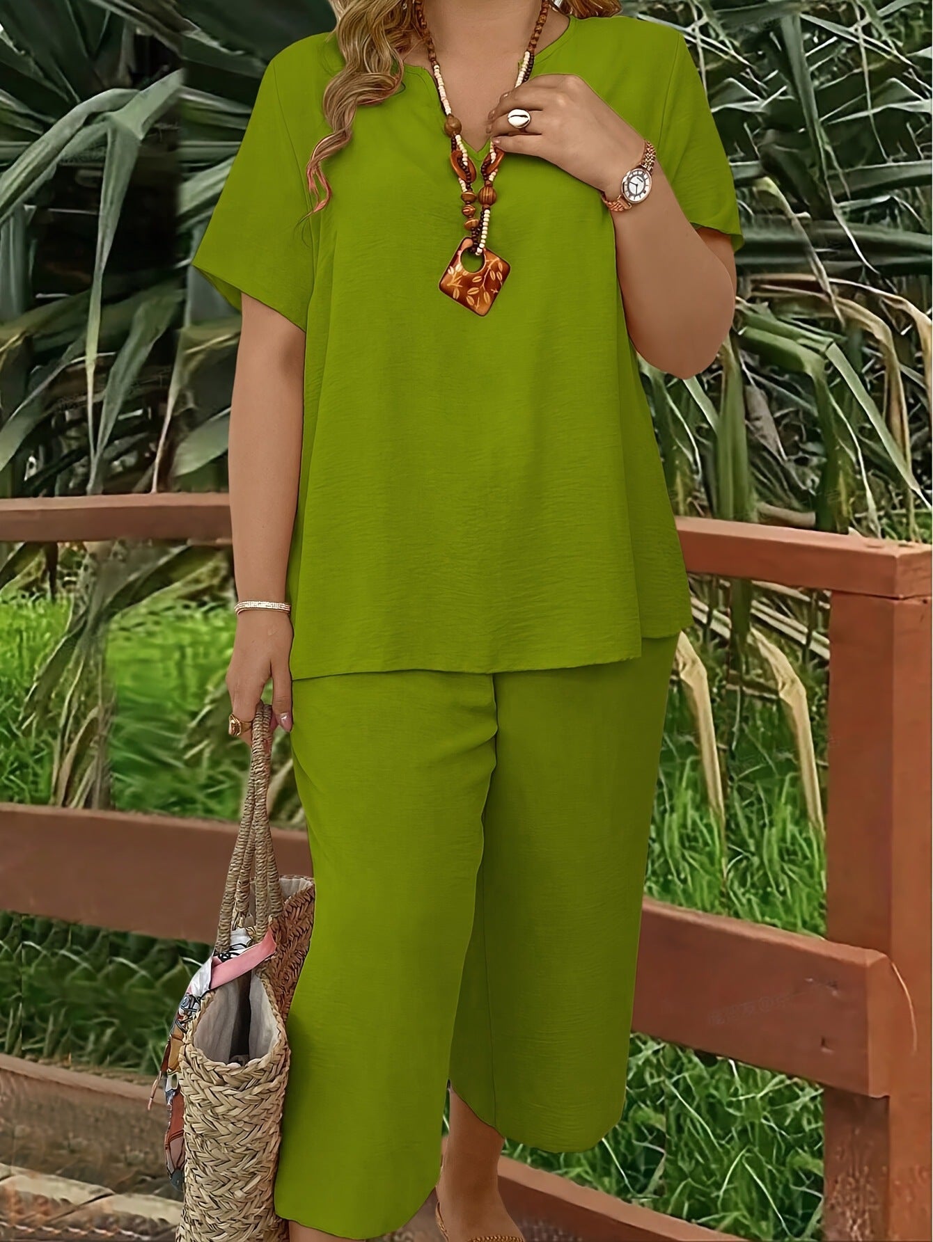 Spring/Summer Fashion Solid Color V-neck Short-sleeved Top and Wide-leg Pants Set