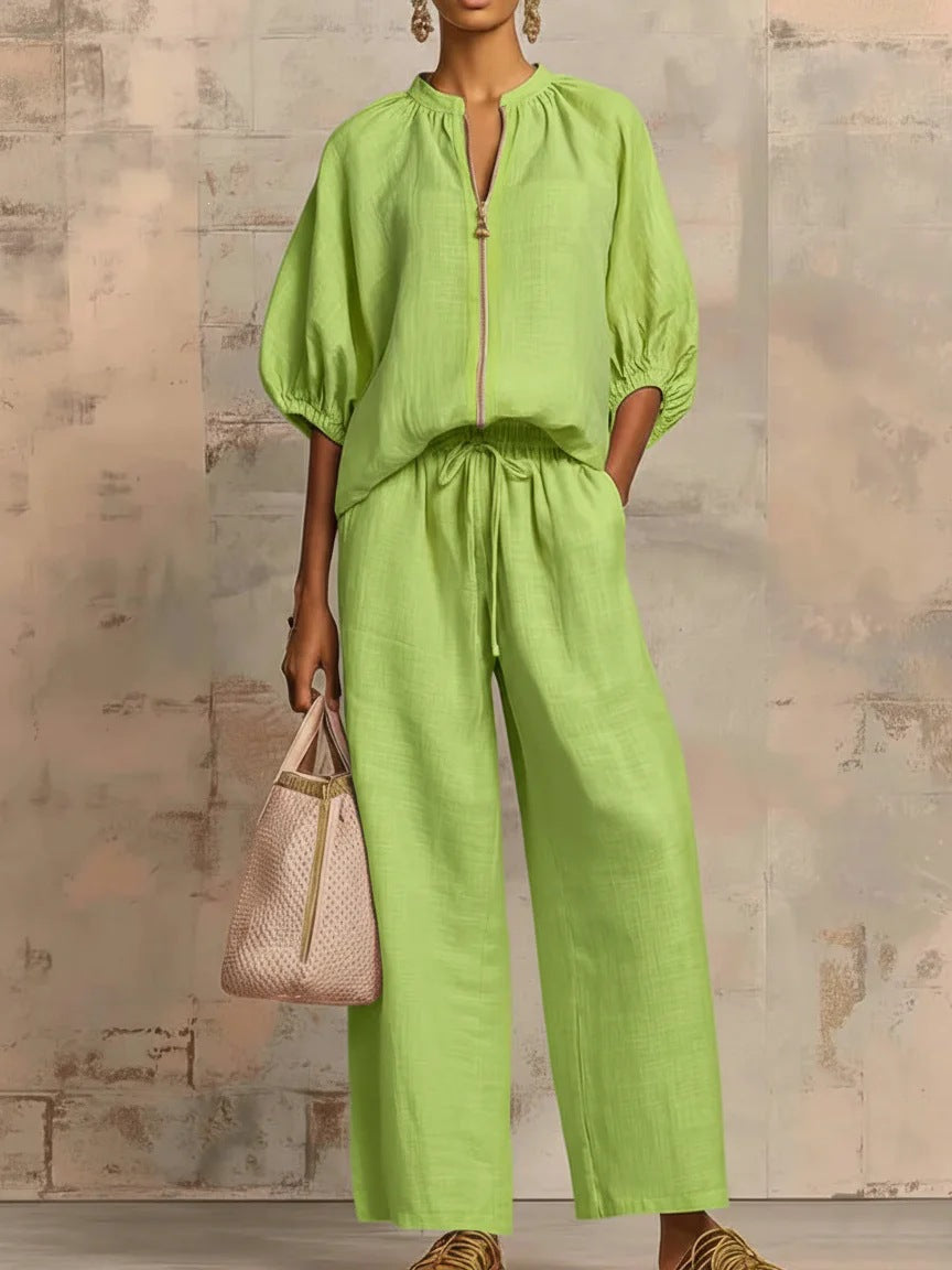 Casual loose-fitting solid color zipper crew neck suit
