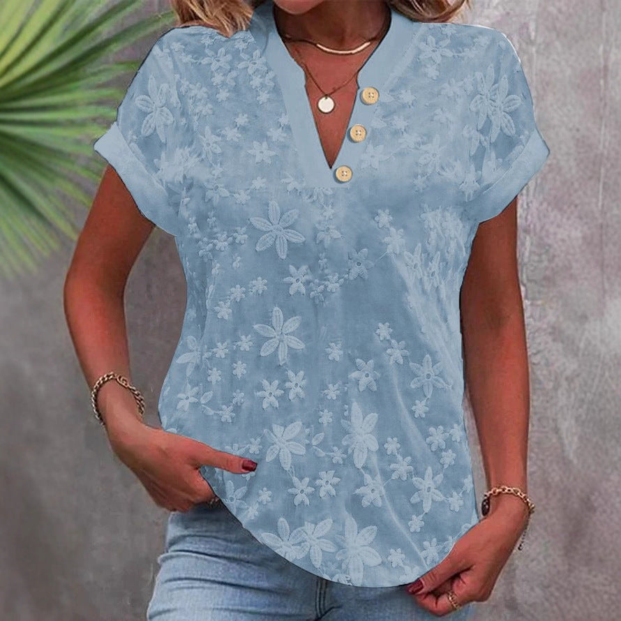 Summer Simple Casual Solid Color V-neck Short Sleeve Shirt