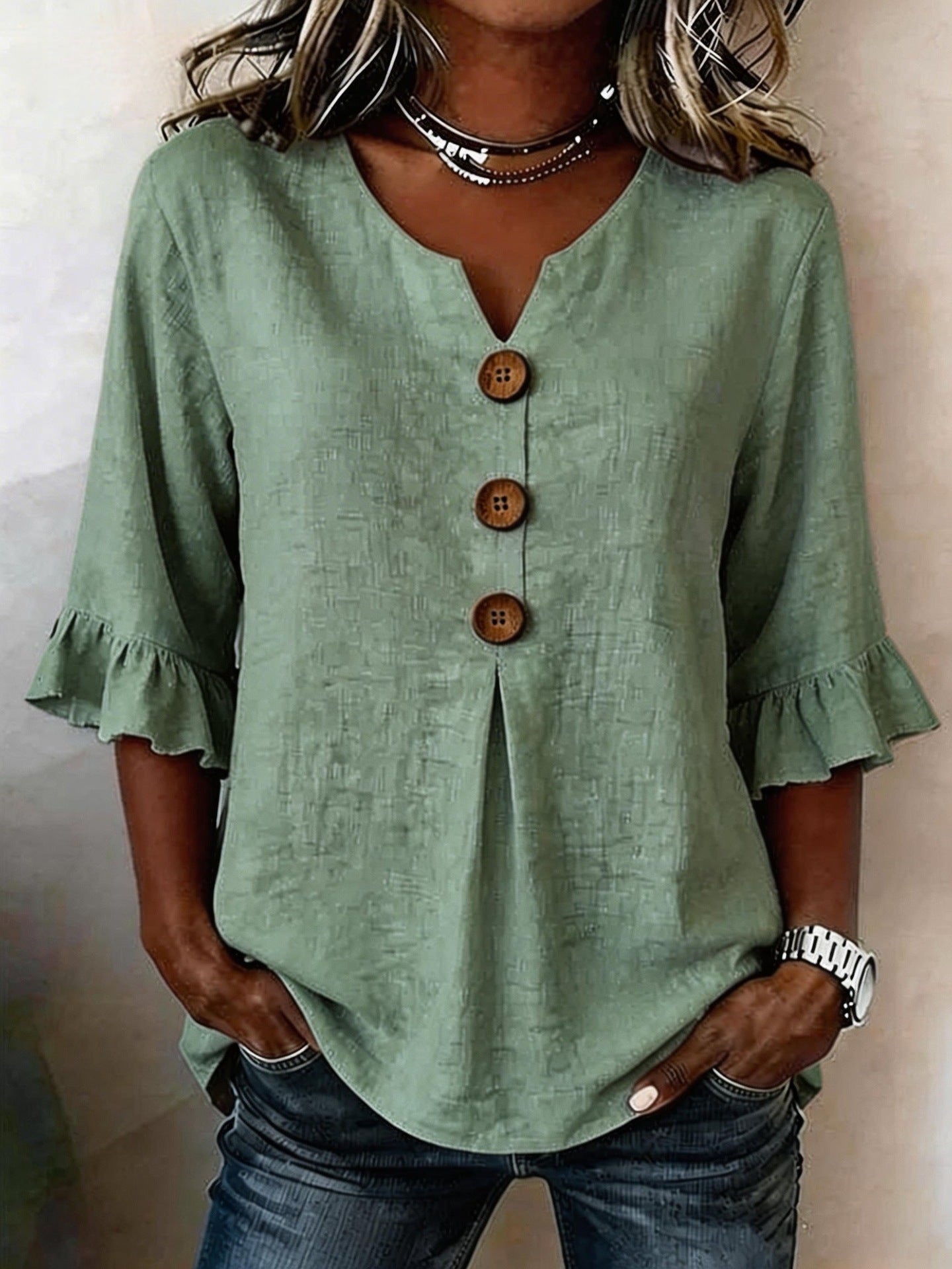Summer Women's V-neck Cotton Linen Button-up Top