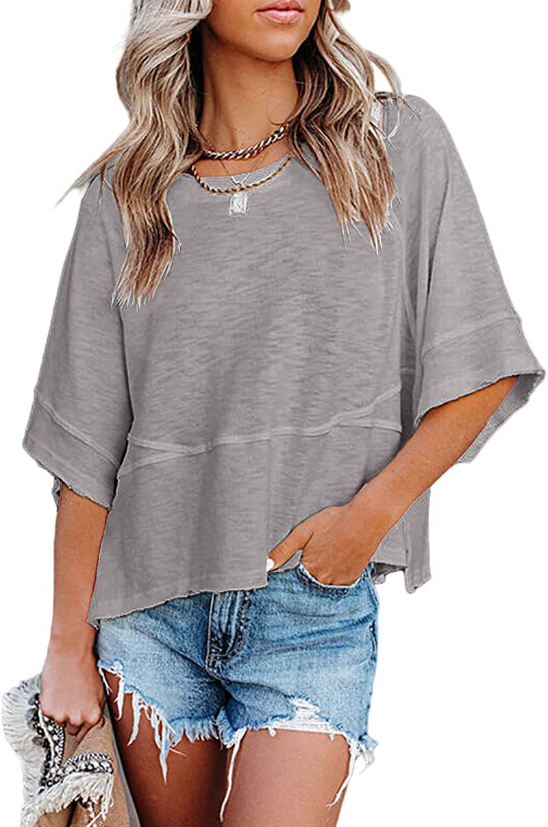 New summer style patchwork solid color round neck five-quarter flared sleeve loose top T-shirt