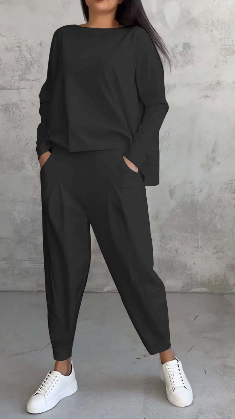Solid color crew neck long-sleeved suit