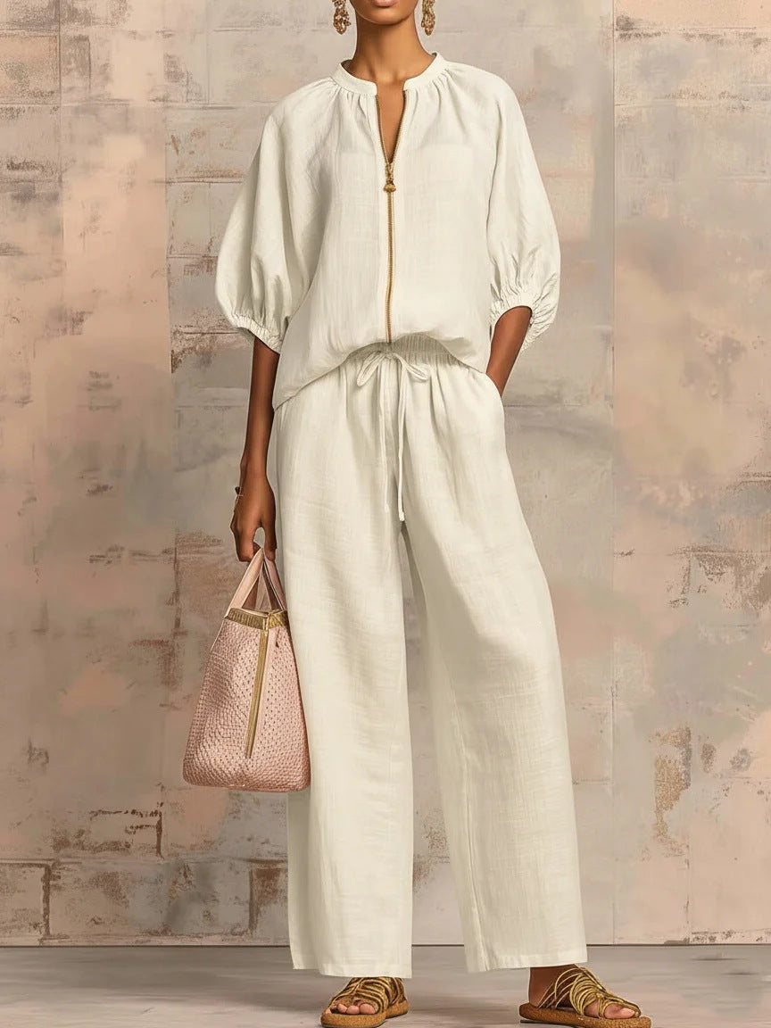 Casual loose-fitting solid color zipper crew neck suit