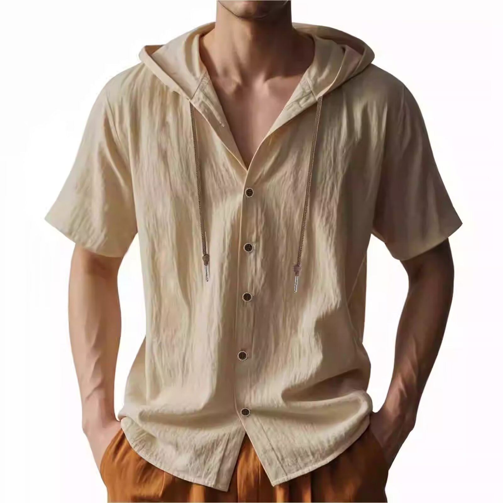 Men's hooded shirt, solid color cotton and linen casual short-sleeved top
