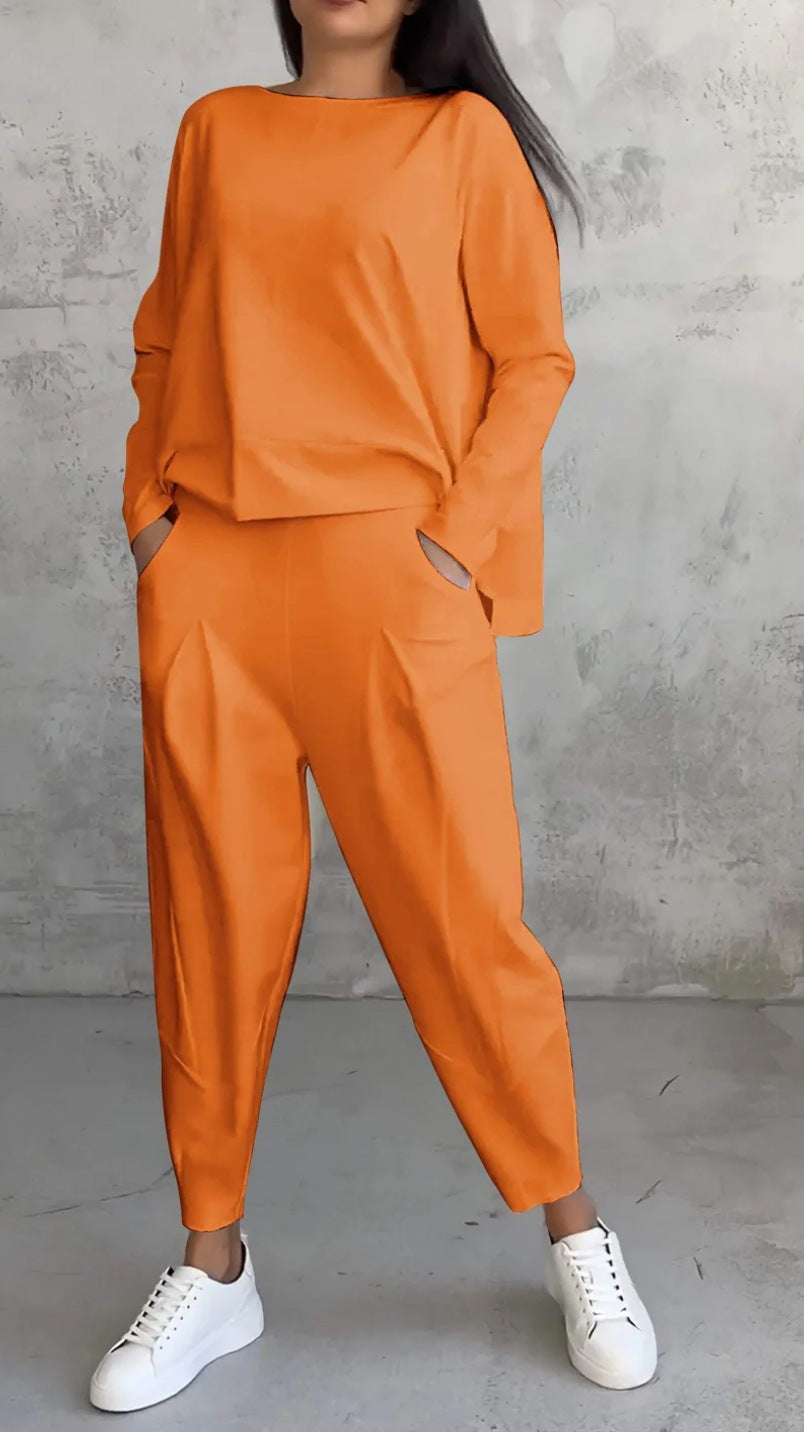Solid color crew neck long-sleeved suit