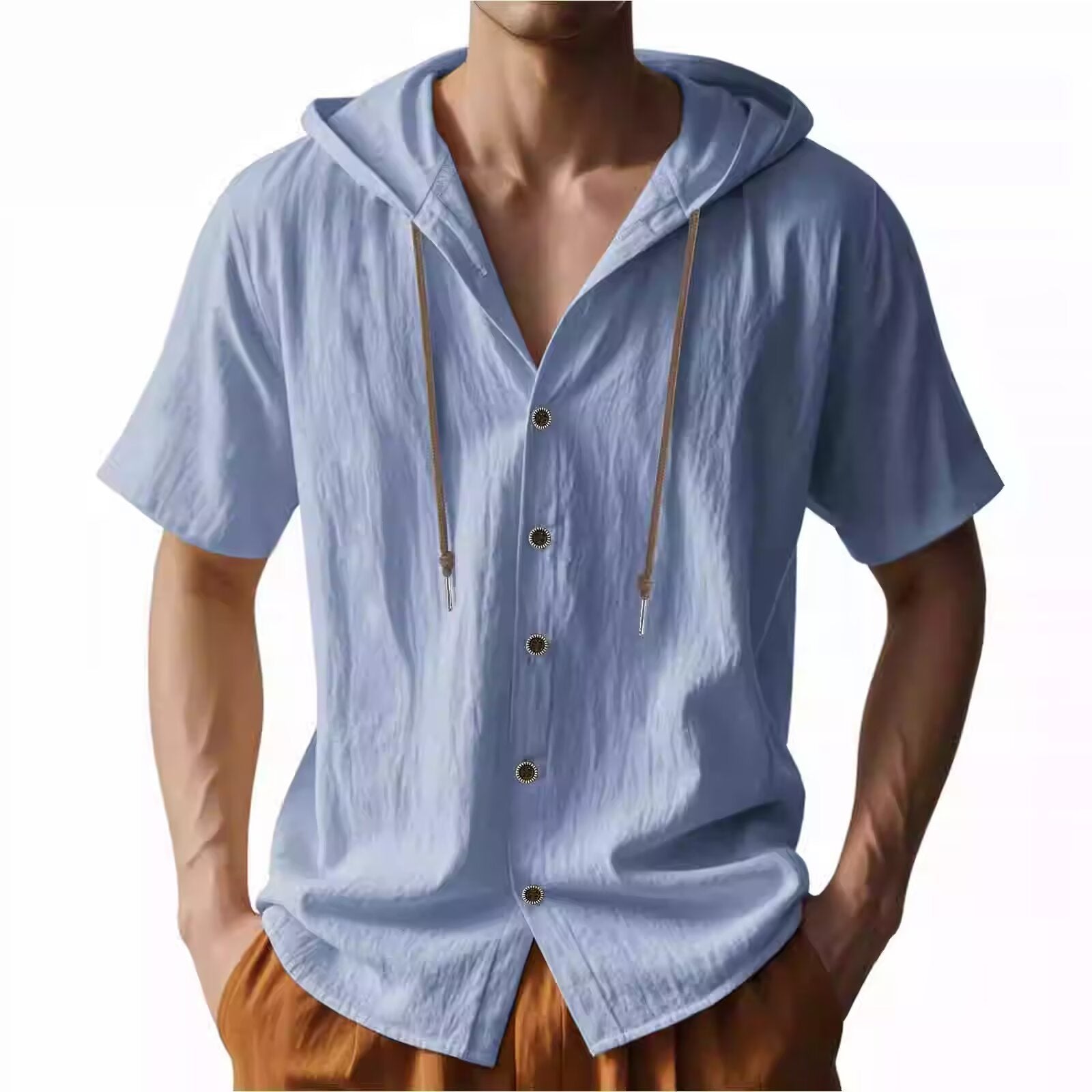 Men's hooded shirt, solid color cotton and linen casual short-sleeved top