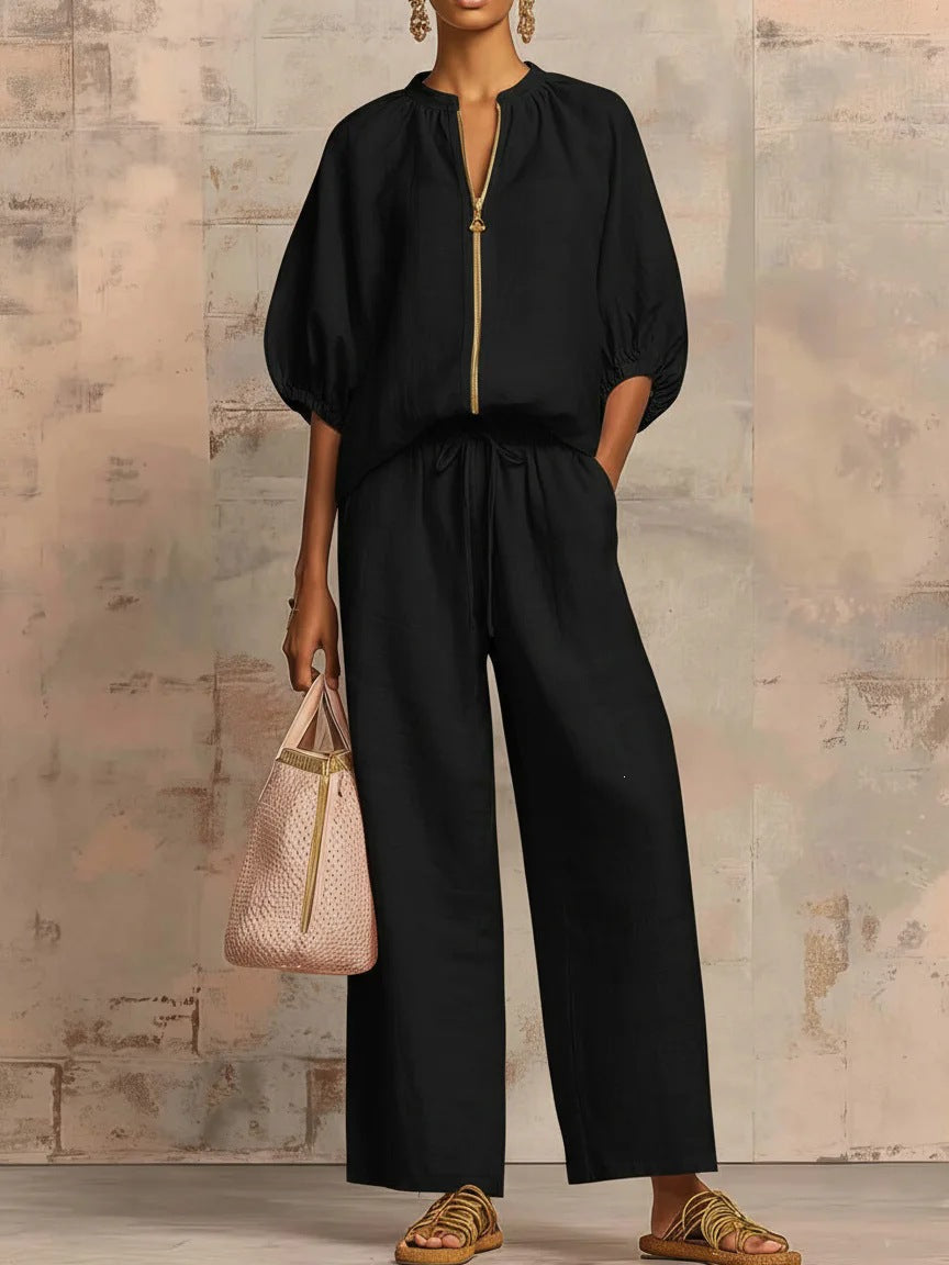 Casual loose-fitting solid color zipper crew neck suit