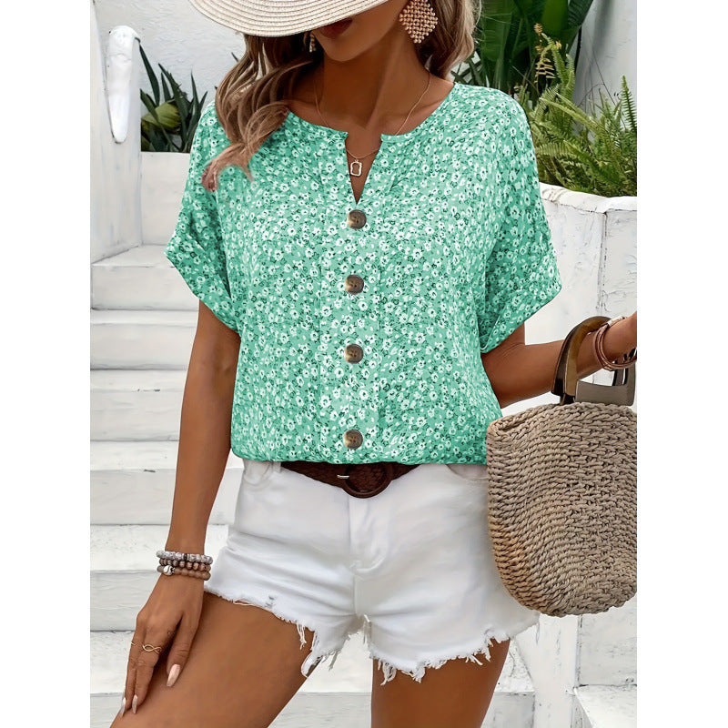 Elegant floral print button short-sleeved T-shirt