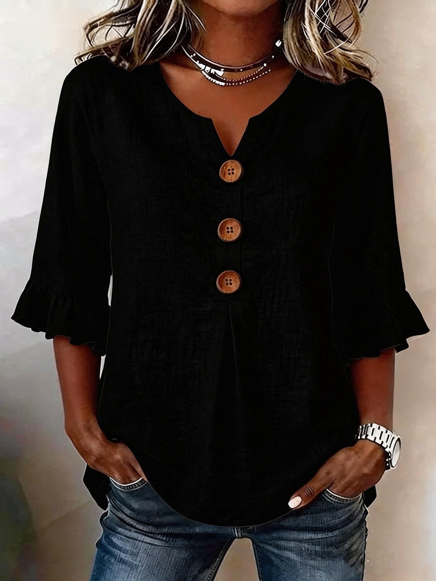 Summer Women's V-neck Cotton Linen Button-up Top