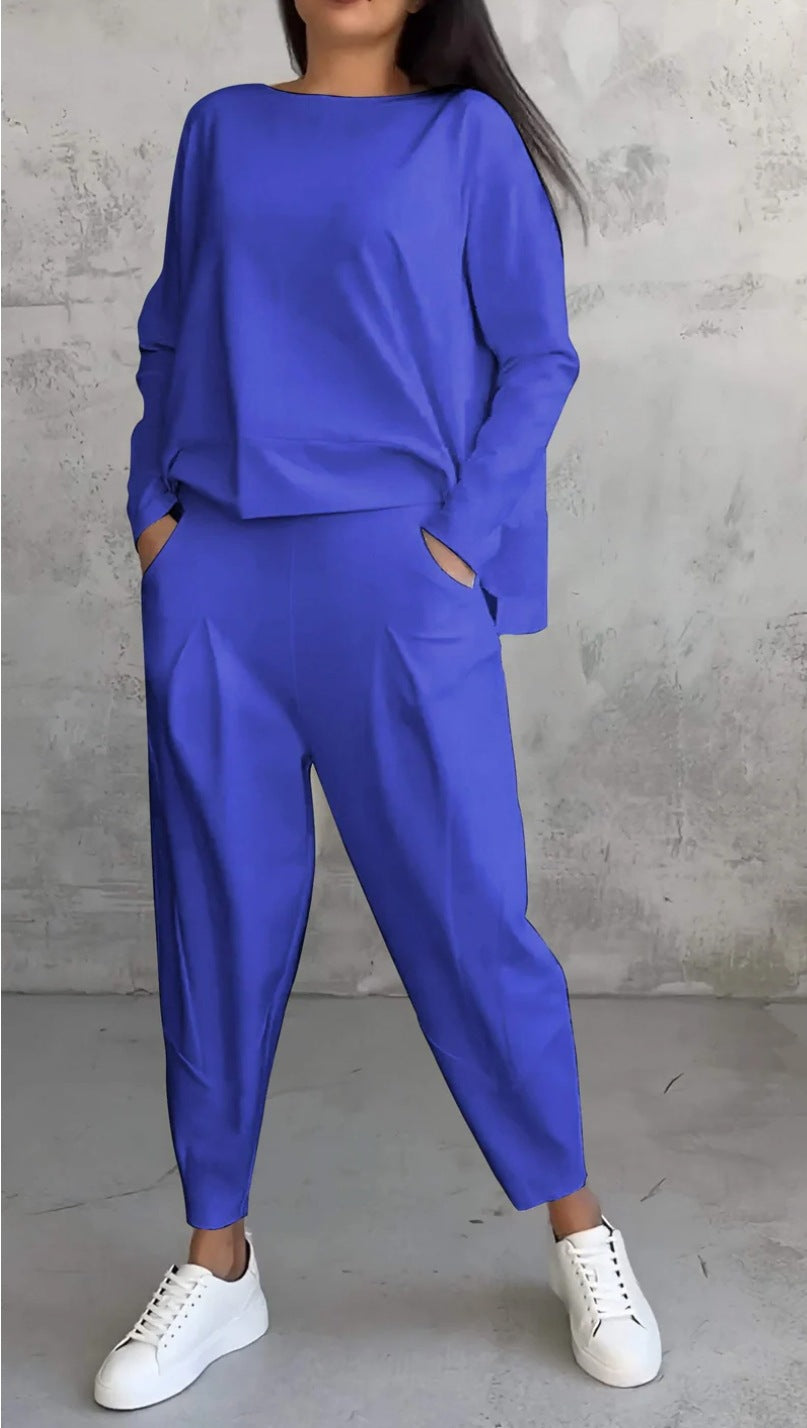Solid color crew neck long-sleeved suit