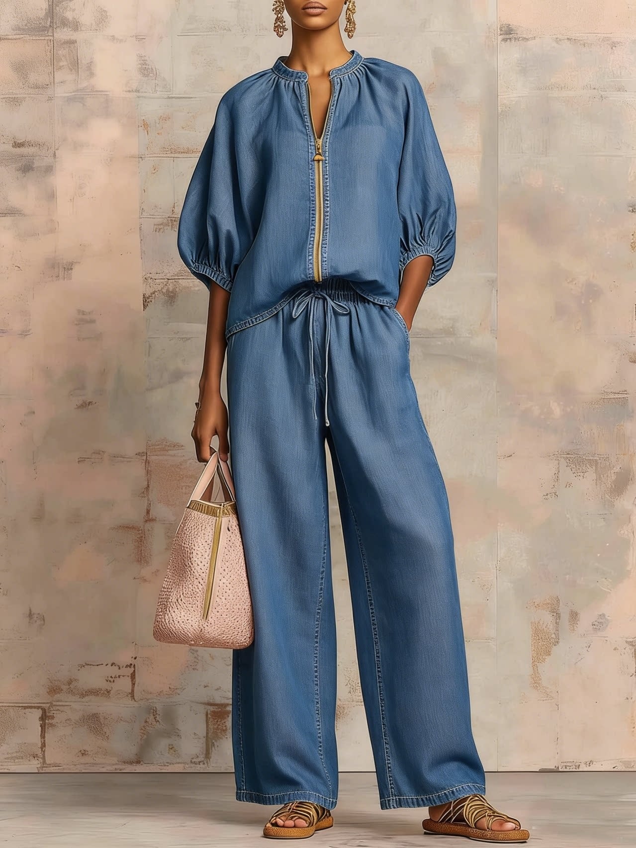 Casual loose-fitting solid color zipper crew neck suit