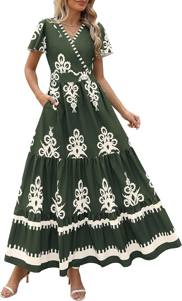 New V-neck Bohemian flowy bell sleeve layered print dress
