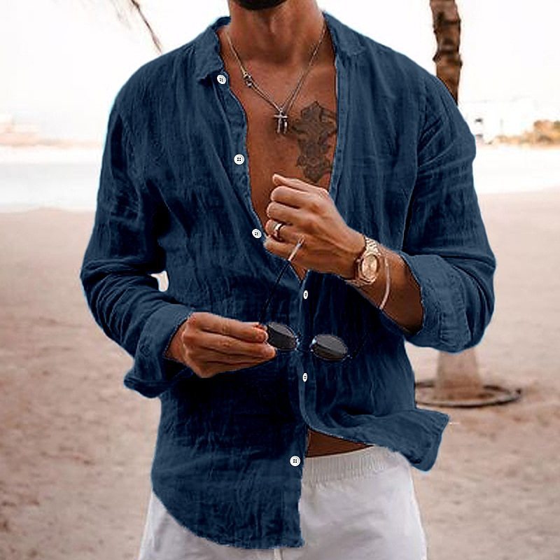 2026 New Solid Color Loose Single-Breasted Collar Cotton Linen Long-Sleeved Shirt