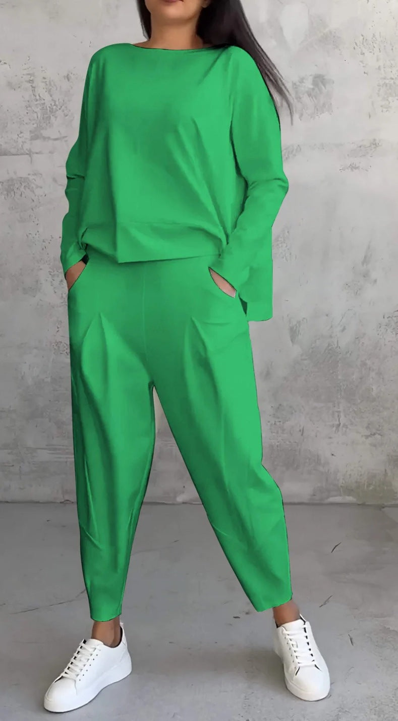 Solid color crew neck long-sleeved suit