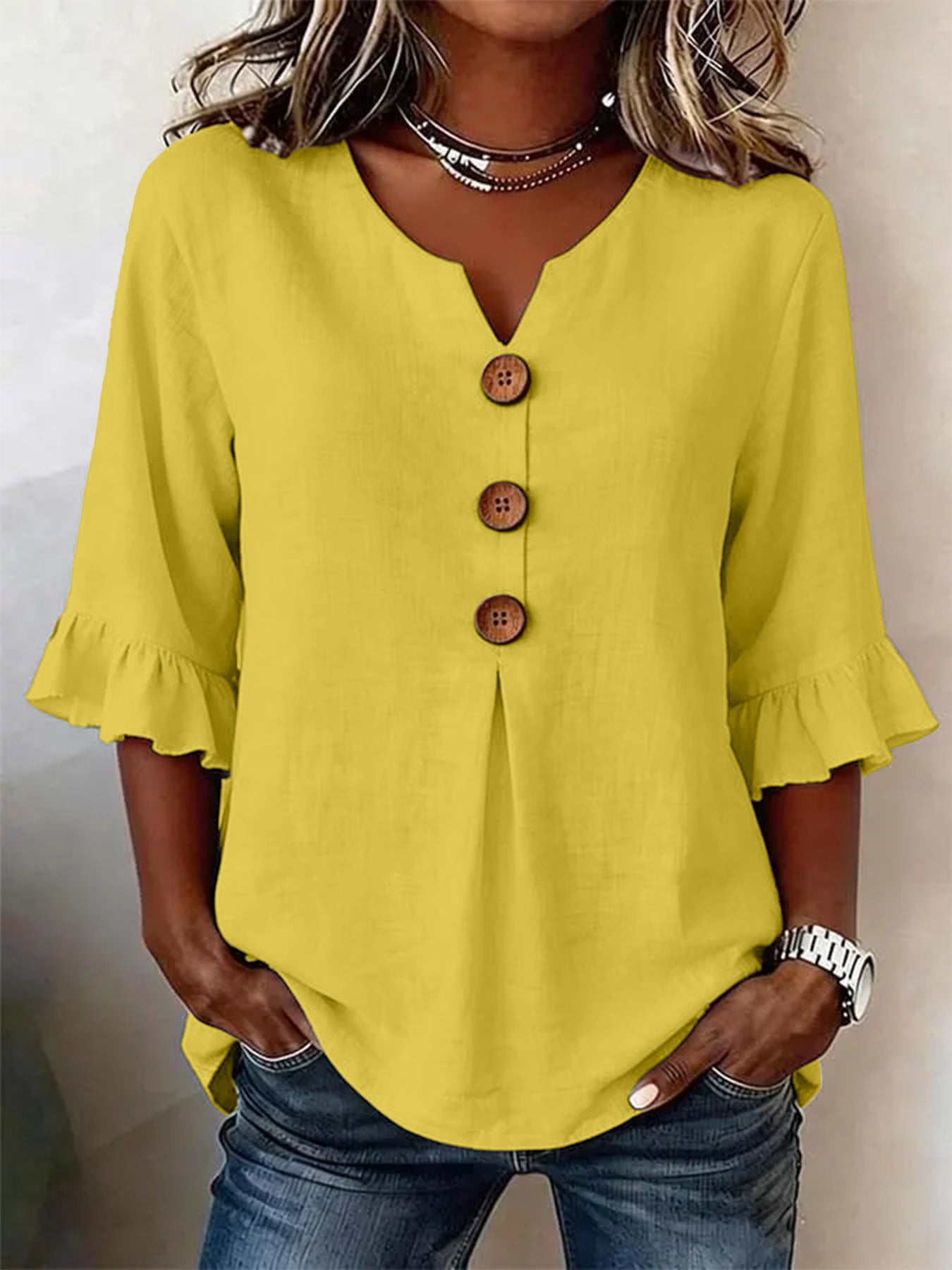 Summer Women's V-neck Cotton Linen Button-up Top