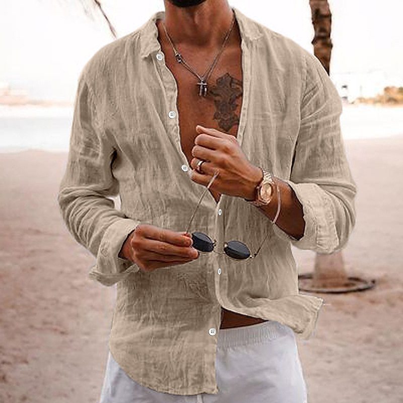 2026 New Solid Color Loose Single-Breasted Collar Cotton Linen Long-Sleeved Shirt
