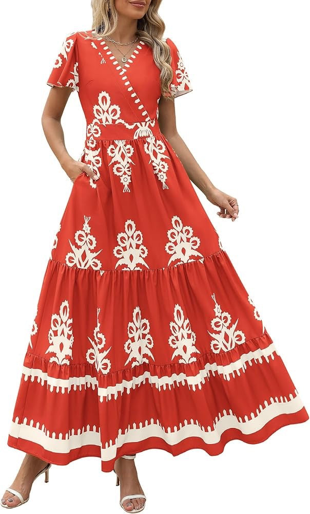 New V-neck Bohemian flowy bell sleeve layered print dress