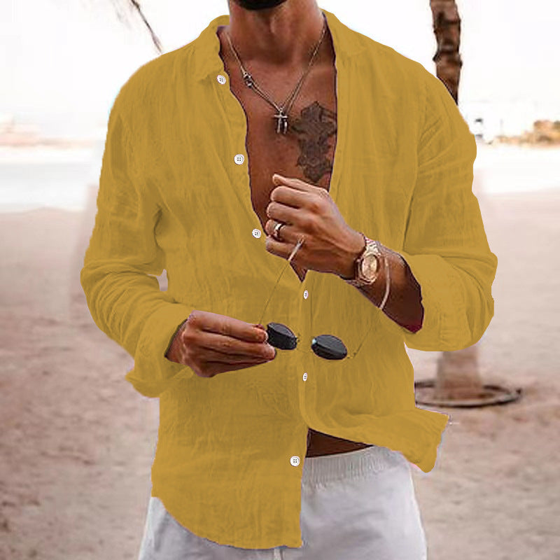 2026 New Solid Color Loose Single-Breasted Collar Cotton Linen Long-Sleeved Shirt