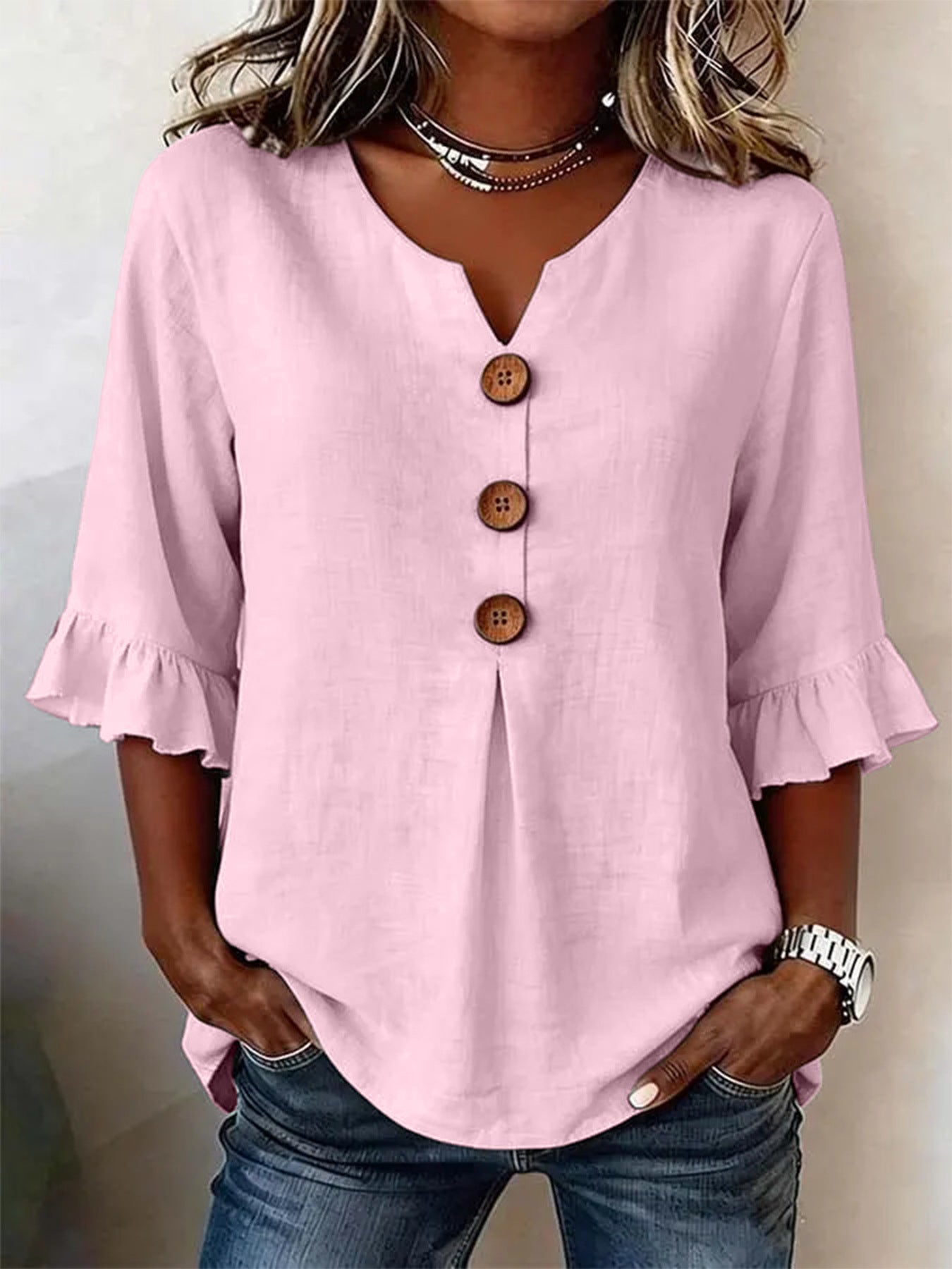 Summer Women's V-neck Cotton Linen Button-up Top