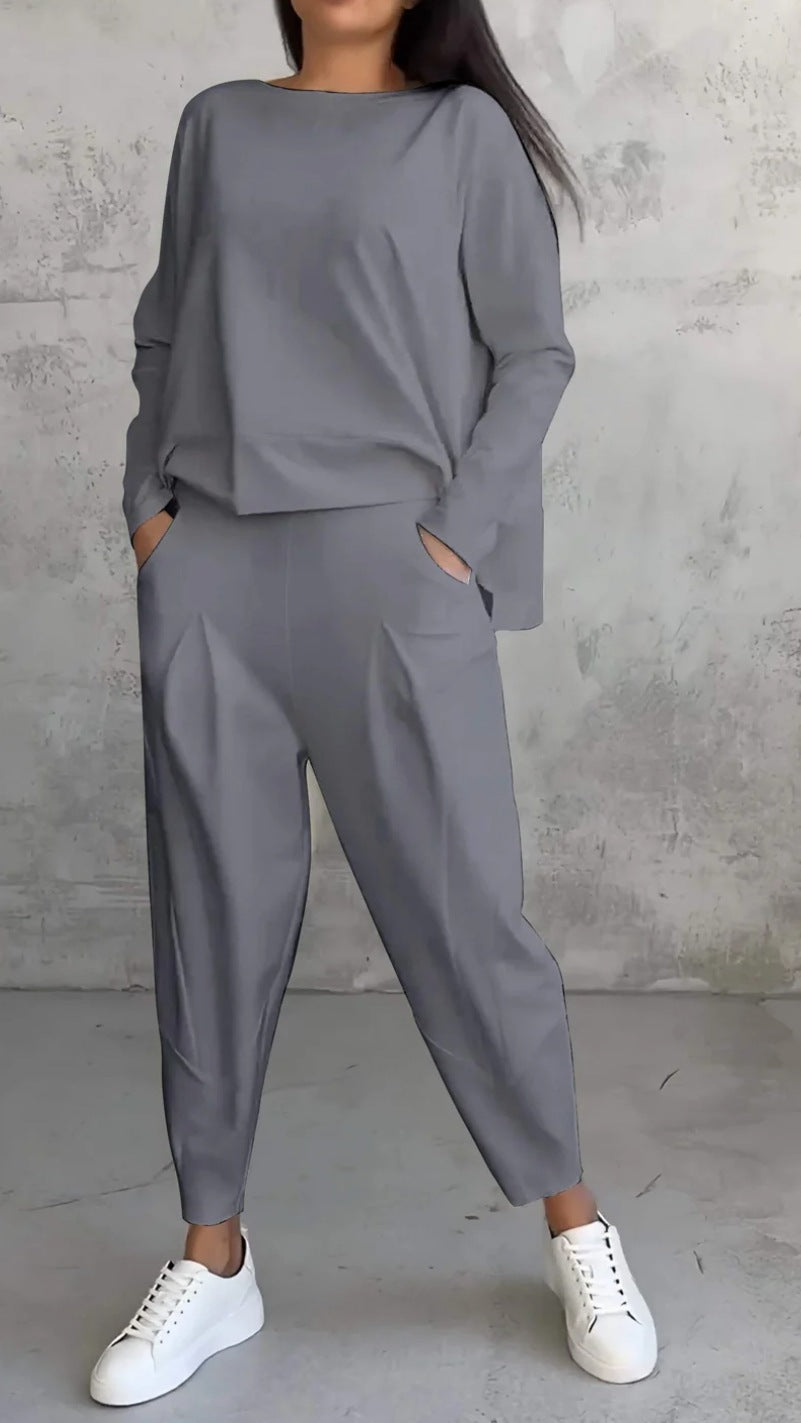 Solid color crew neck long-sleeved suit