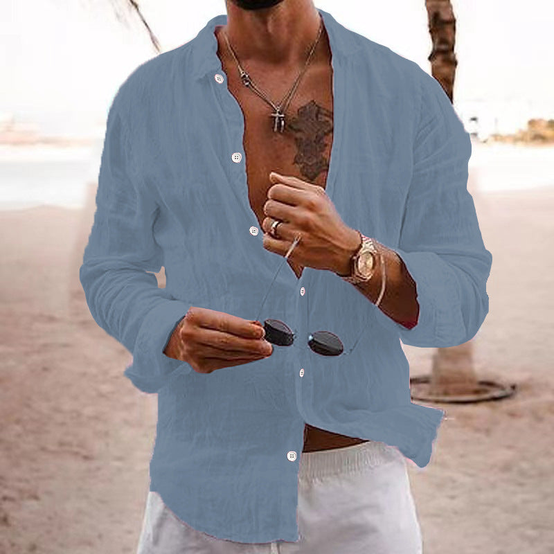 2026 New Solid Color Loose Single-Breasted Collar Cotton Linen Long-Sleeved Shirt