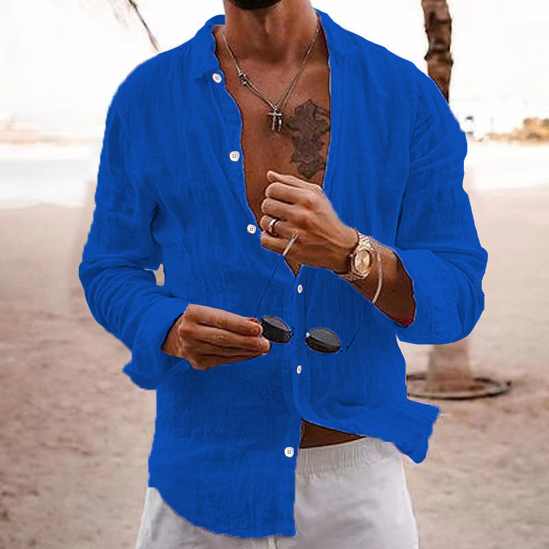 2026 New Solid Color Loose Single-Breasted Collar Cotton Linen Long-Sleeved Shirt