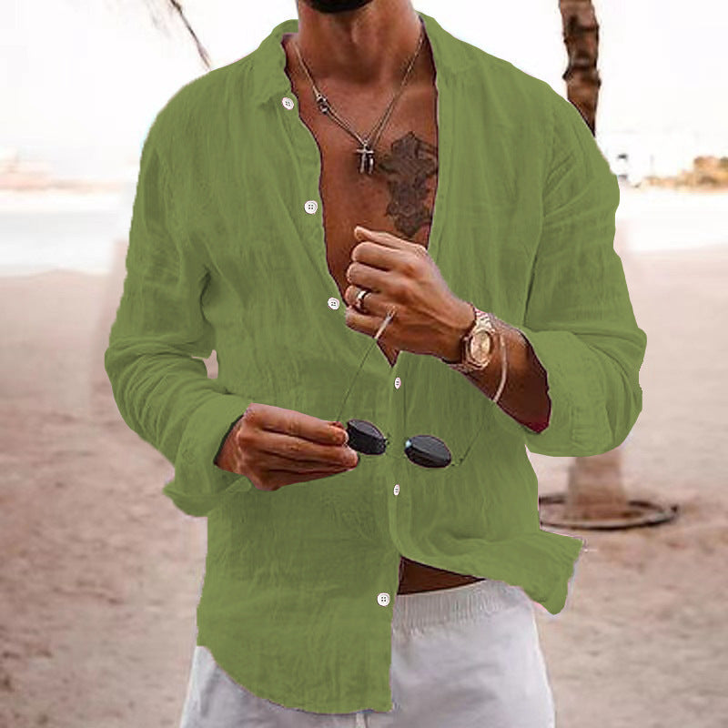2026 New Solid Color Loose Single-Breasted Collar Cotton Linen Long-Sleeved Shirt