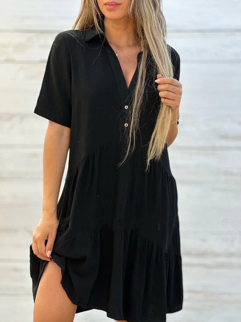 Casual short-sleeved cotton and linen dress