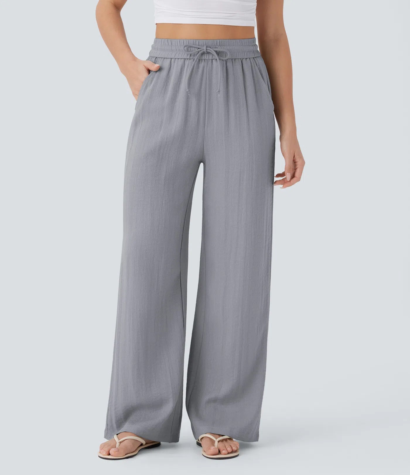 Drawstring side pocket casual linen trousers