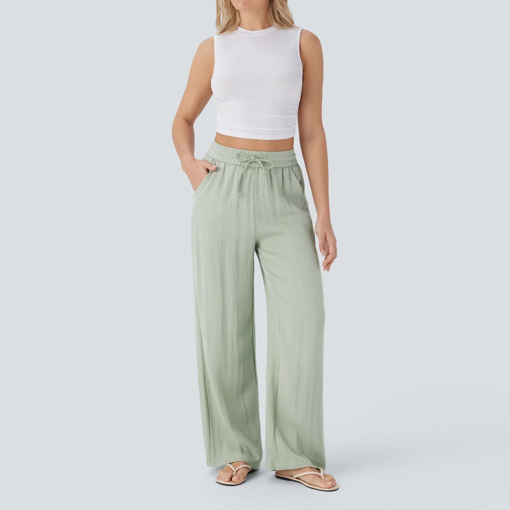 Drawstring side pocket casual linen trousers